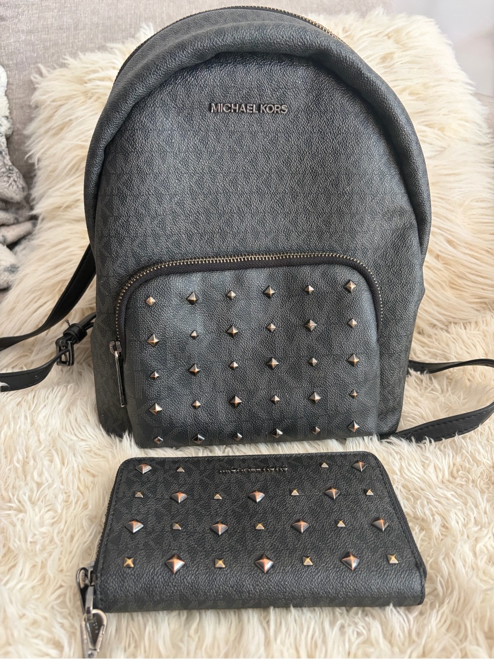 Michael Kors Black Gray Studded Backpack with Matching Wallet